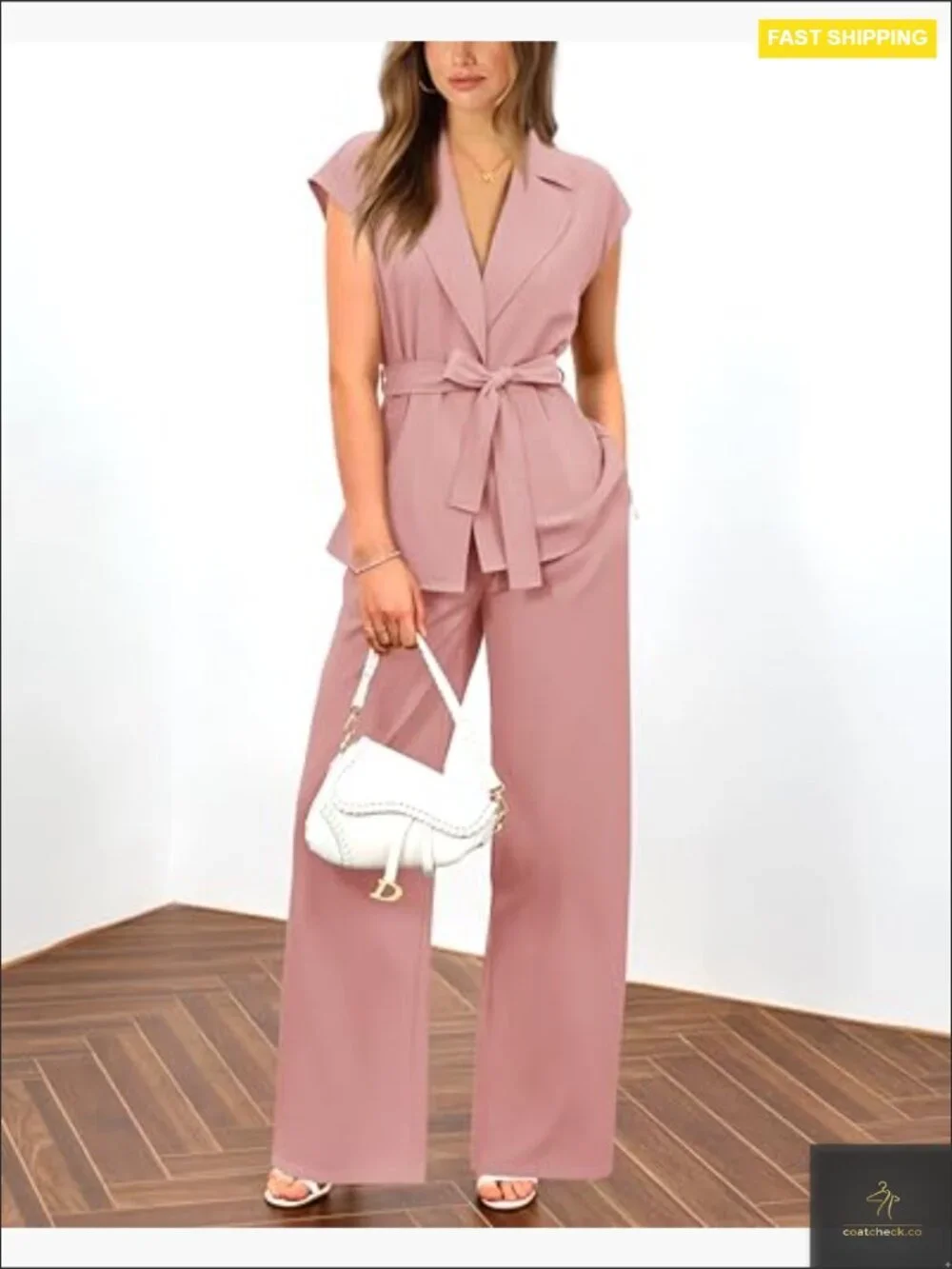 Cap Sleeve V Neck Blazer Vest Wide Leg Pant Set 2 Piece Business Work Outfit